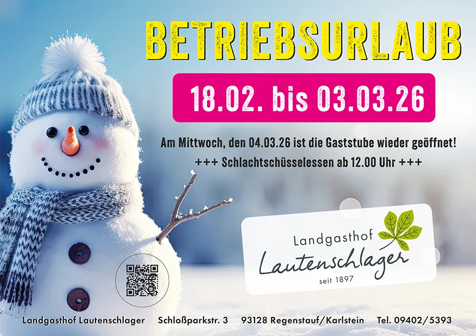 Betriebsurlaub Winter 2026 vom 18. Februar bis 3.März 2026